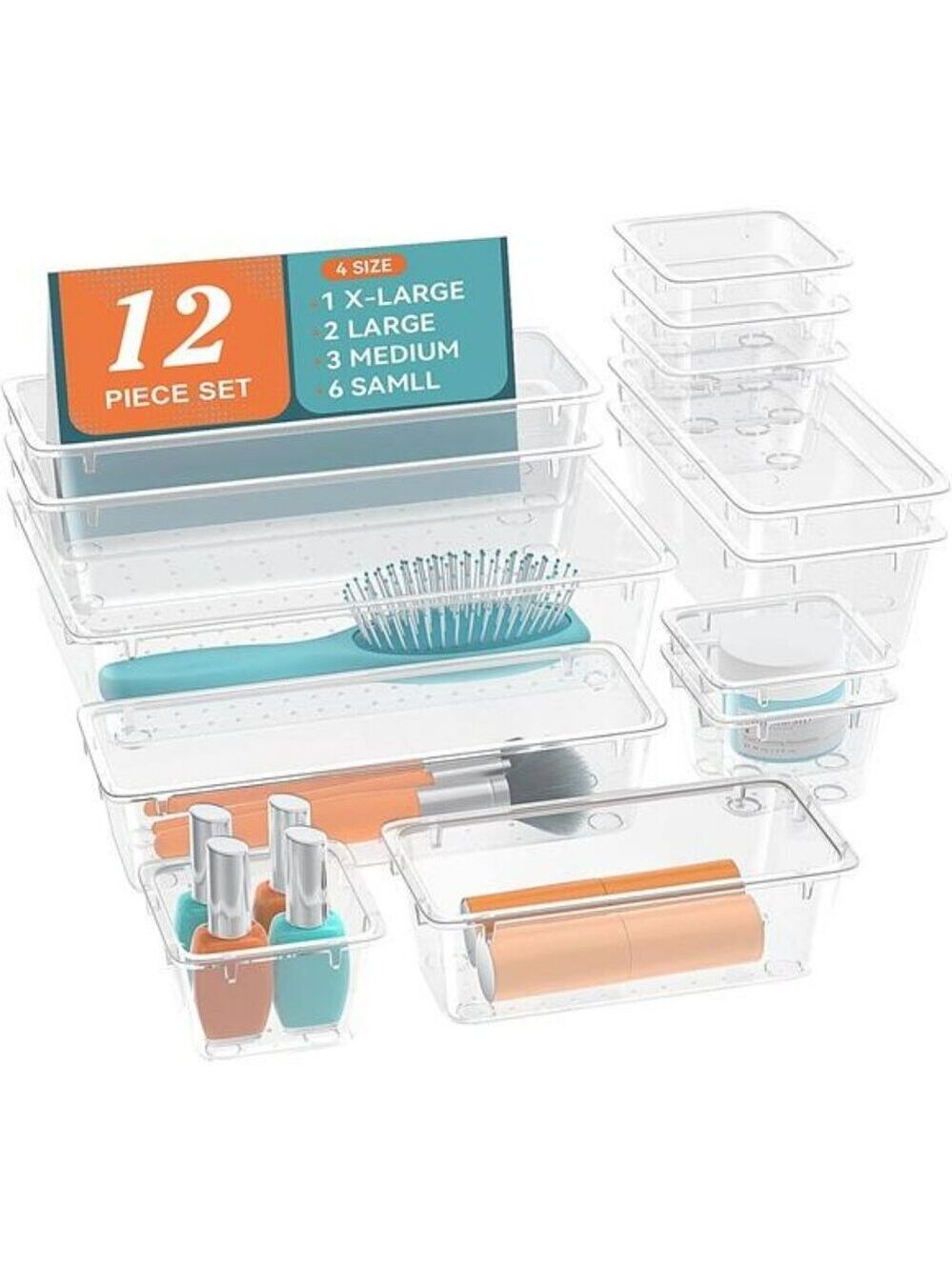 Clear Plastic Drawer Organizer Set 12pc Storage Bins Makeup Office Kitchen